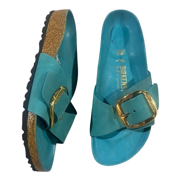 Birkenstock Big Buckle Madrid Piled Leather Sandals Biscay Bay/Gold Sz 36 Narrow - Picture 1 of 3